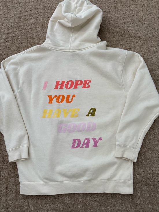 olive lynn Tops - Olivelynn Cream Cotton Hoodie with I HOPE YOU HAVE A GOOD DAY Logo